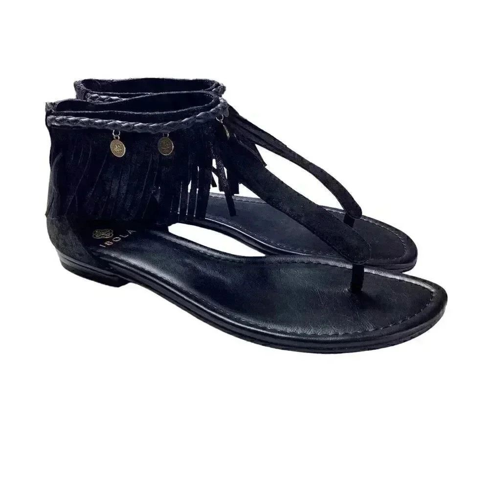 Isola Mardi Womens 9 40 Suede Fringe Flat Thong Sandals Black Back Zipper NEW